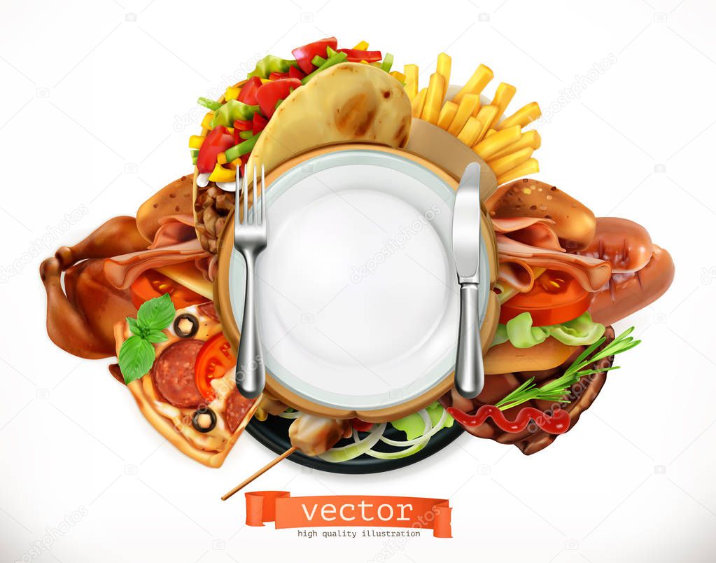 A white plate with various types of food in the background.