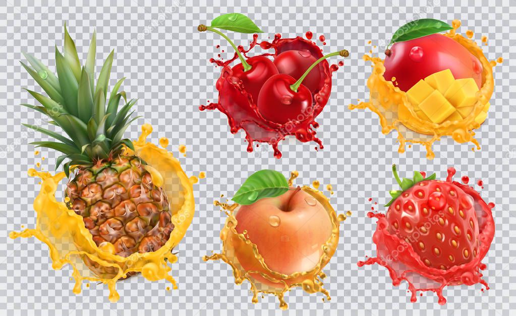 set of various fruits in splash