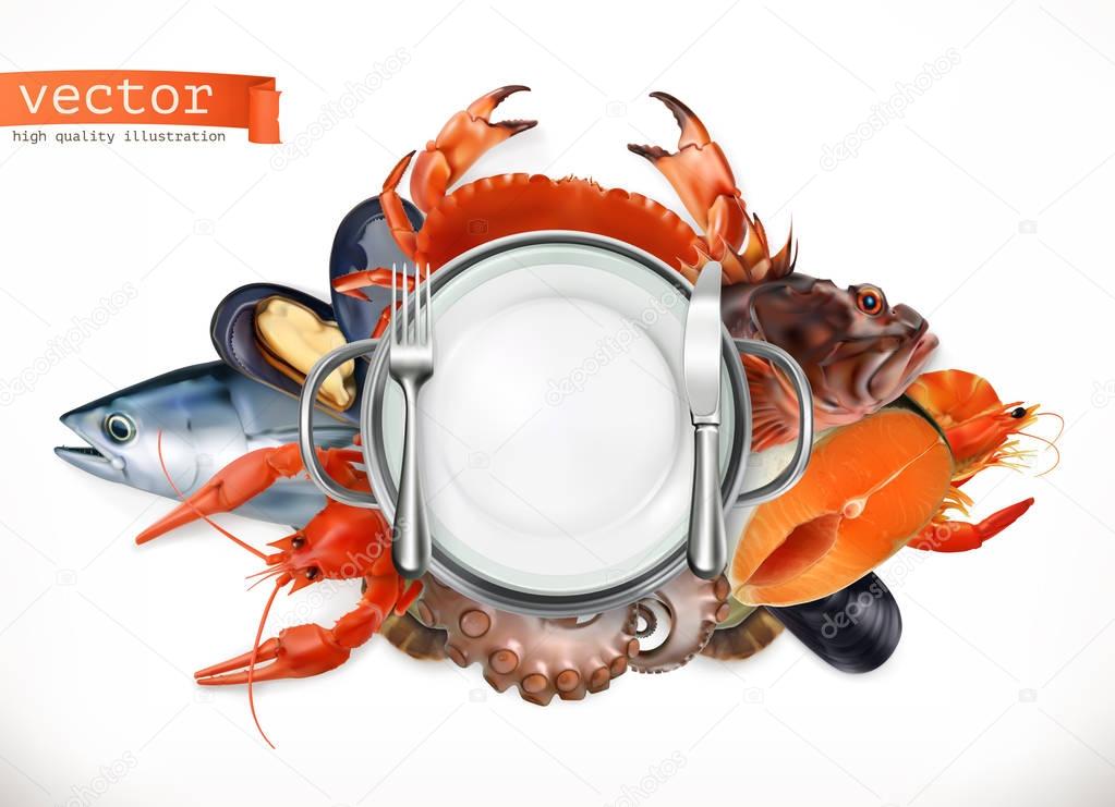 A white plate with various types of seafood in the background.