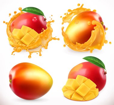 Mango suyu. Taze meyve, 3d gerçekçi vektör simgesi