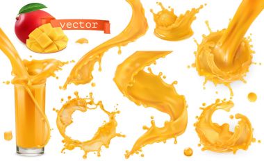 Turuncu boya sıçraması. Mango, ananas, papaya suyu. 3d gerçekçi vektör simgesi seti