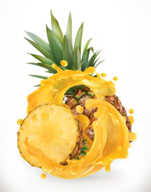 Ananas suyu. Taze meyve. 3D gerçekçilik, vektör simgesi