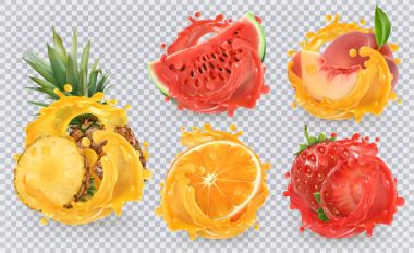 Strawberry, pineapple, orange, watermelon, peach juice. Fresh fruits and splashes, 3d vector icon set clipart