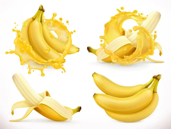 Банан сік. Свіжі фрукти і бризок, 3d реалістичні векторні іконки — стоковий вектор