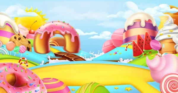 Glade in a candy land. Sweet landscape, 3d vector panorama — Stock Vector