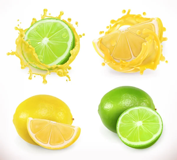Jus de citron et de lime. Fruits frais, icône vectorielle 3d — Image vectorielle