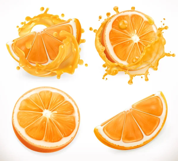 Jugo de naranja. Frutas frescas y salpicaduras. realismo 3d, vector icono conjunto — Vector de stock