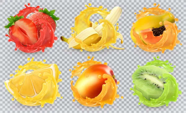 Mango, plátano, kiwi, fresa, limón, jugo de papaya. Frutas frescas y salpicaduras, 3d vector realista icono conjunto — Vector de stock