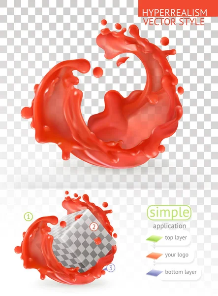Salpicadura de pintura roja con transparencia, 3d realismo vector estilo aplicación simple — Vector de stock