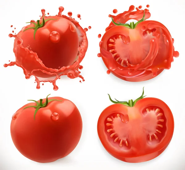 Tomatsaft. Färska grönsaker. 3D realistiska vector Ikonuppsättning — Stock vektor