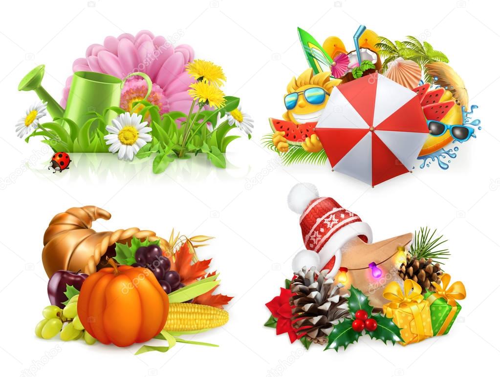 Spring, Summer, Autumn, Winter. Four seasons concept, 3d vector set