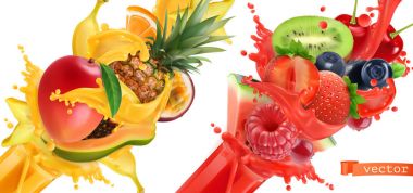 Meyve patlaması. Bir tutam meyve suyu. Tatlı tropikal meyveler ve karışık meyveler. Mango, muz, ananas, papaya, çilek, ahududu, yabanmersini, karpuz. 3d gerçekçi vektör simgesi seti