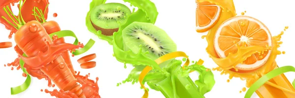 Carottes, kiwi, éclaboussures de jus d'orange. Aliments sains, sports et fitness. Fruits et légumes naturels. Ensemble d'icônes vectorielles réalistes 3D — Image vectorielle