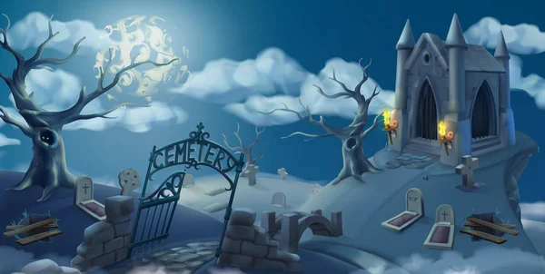 Friedhof, halloween Hintergrund. Cartoon-Landschaftspanorama, 3D-Vektorgrafik — Stockvektor