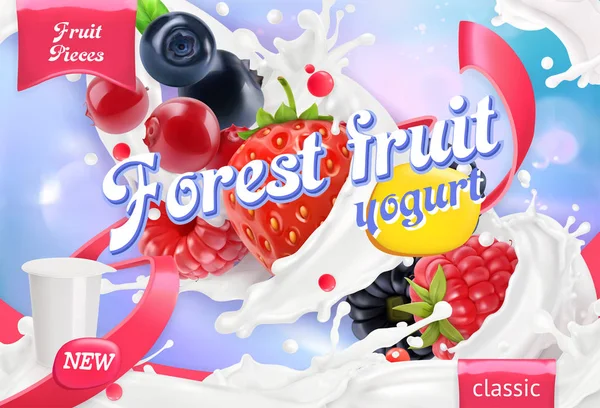 Iogurte de frutas da floresta. Bagas misturadas e salpicos de leite. 3d design de pacote vetorial realista — Vetor de Stock