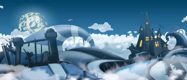 ハロウィンの背景。漫画の風景パノラマ、 3Dベクトルグラフィック — ストックベクタ