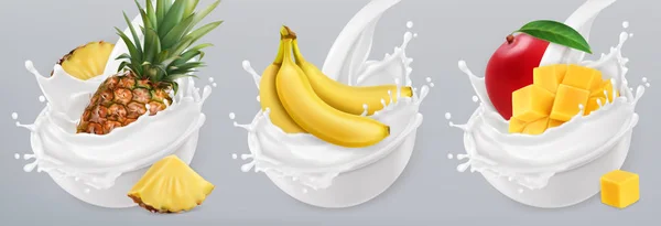 Yogur de frutas. Plátano, mango, piña y salpicaduras de leche. 3d vector realista icono conjunto — Vector de stock