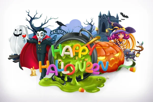 Feliz Halloween. Calabaza, gato, bruja, vampiro, cripta y letras, emblema de vector 3d — Vector de stock