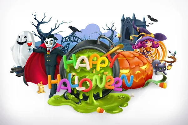 Frohes Halloween. Kürbis, Katze, Hexe, Vampir, Krypta und Schriftzug, 3D-Vektoremblem — Stockvektor