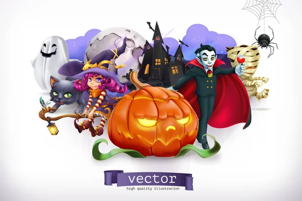 Feliz Dia das Bruxas. Abóbora, aranha, gato, bruxa, vampiro, ilustração vetorial 3d — Vetor de Stock