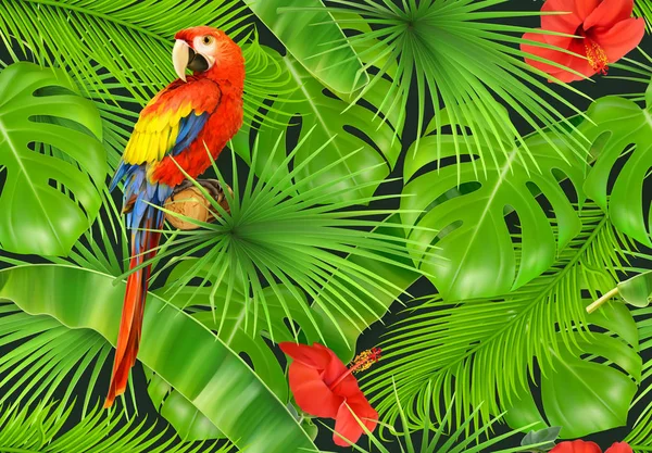 Folhas da selva e papagaio, padrão sem costura. 3d vetor fundo realista — Vetor de Stock
