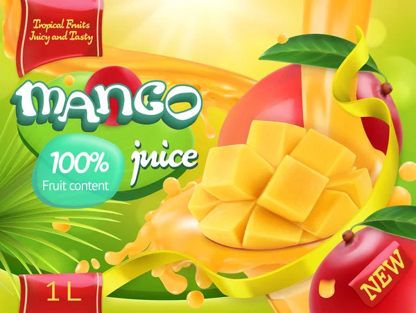 Mango suyu. Tatlı tropikal meyveler. 3d gerçekçi vektör, paket tasarımı — Stok Vektör