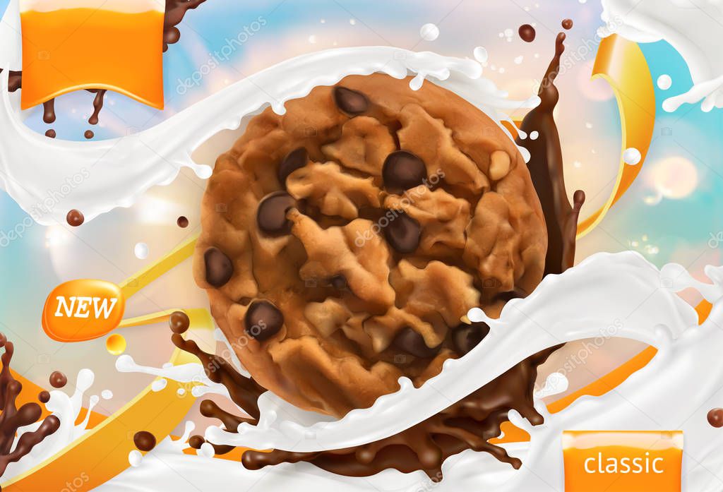 Chocolate cookies. White milk splash. 3d realistic vector, package design