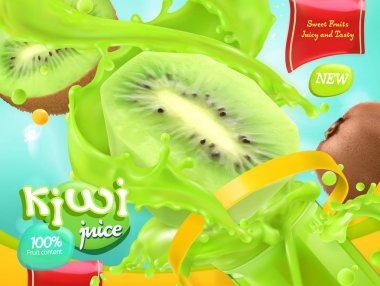 Kivi suyu. Tatlı meyveler. 3d gerçekçi vektör, paket tasarımı