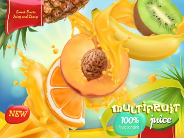 Multifruit suyu. Tatlı tropikal meyveler. 3d gerçekçi vektör, paket tasarımı