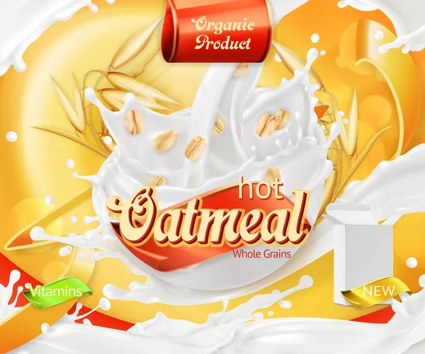 Farina d'avena. Cereali di avena e spruzzi di latte. vettore realistico 3d, progettazione del pacchetto — Vettoriale Stock