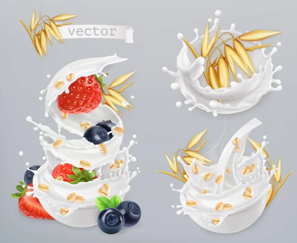 Harina de avena. Granos de avena, fresas, arándanos y salpicaduras de leche. 3d vector realista icono conjunto — Vector de stock