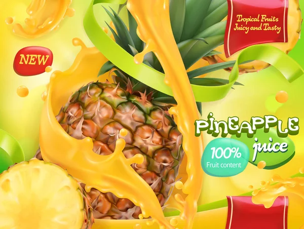 Ananas suyu. Tatlı tropikal meyveler. 3d gerçekçi vektör, paket tasarımı