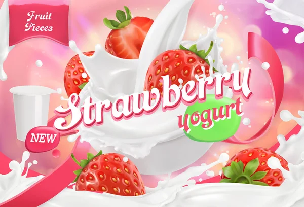 Yogurt alla fragola. Frutta e spruzzi di latte. 3d progettazione realistica del pacchetto vettoriale — Vettoriale Stock