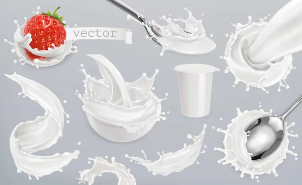 Yogurt, gocce di latte. Imposta elementi vettoriali 3d — Vettoriale Stock