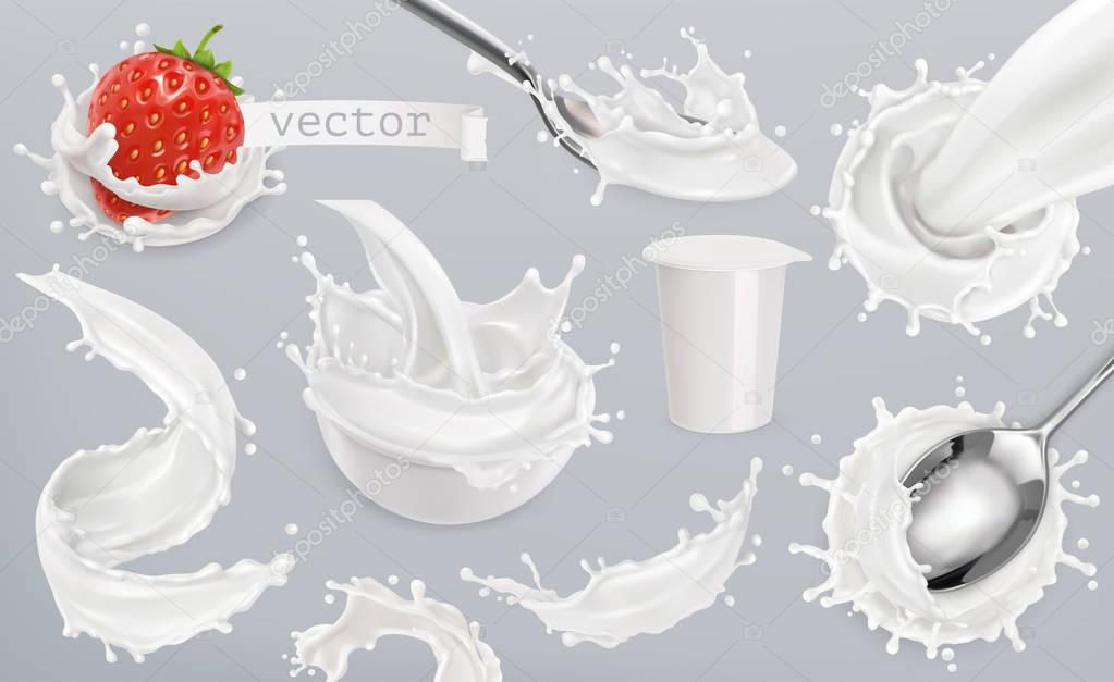 Yogurt, milk splashes. Set 3d vector elements, package design