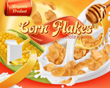 Mısır gevreği, bal ve süt damlaları. 3d gerçekçi vektör, paket tasarımı
