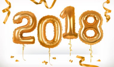 Altın oyuncak balonlar. Mutlu yıllar 2018. 3d vektör simgesi