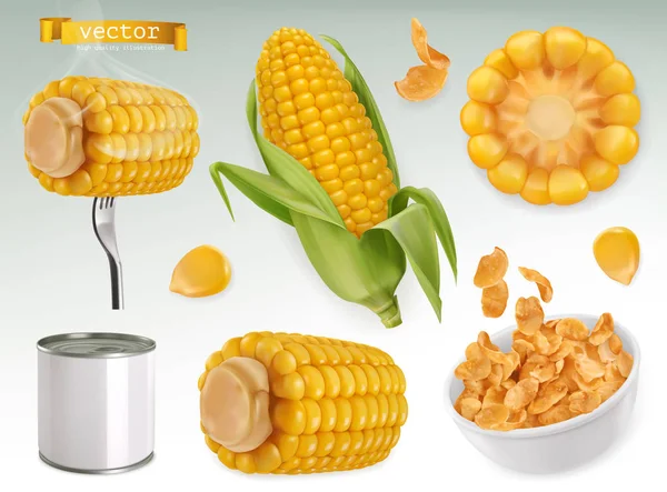 Maiskolben, Körner, Cornflakes. 3D-Vektorelemente einstellen. Verpackungsdesign — Stockvektor