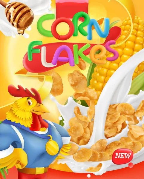 Cornflakes, Hahnenmaskottchen. Honig und Milch spritzt. 3D realistischer Vektor, Verpackungsdesign — Stockvektor