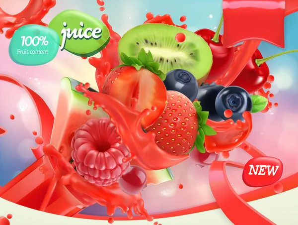 Змішайте фрукти та ягоди. Розщеплення соку. Полуниця, малина, чорниця, кавун. 3d реалістичний вектор, дизайн пакунків — стоковий вектор