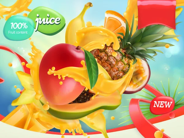 Mescolare frutta. Una spruzzata di succo. Mango, banana, ananas, papaia. vettore realistico 3d, progettazione del pacchetto — Vettoriale Stock