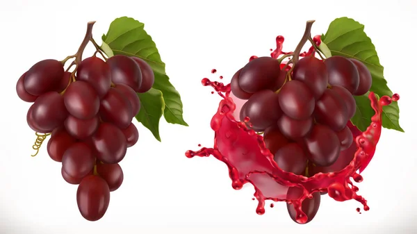 Salpicadura de vino tinto y uvas. Fruta fresca, icono de vector 3d — Vector de stock