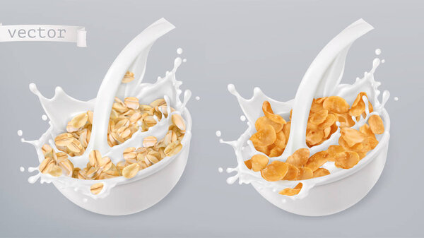 Овес и молочные брызги. Кукурузные хлопья. Трехмерный набор значков
