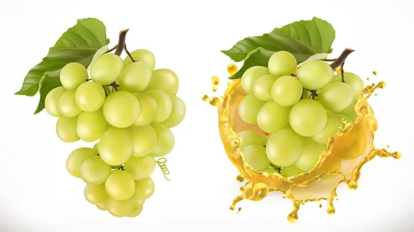 Uvas doces brancas e salpicos de sumo. Fruta fresca, ícone vetorial 3d — Vetor de Stock
