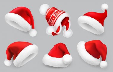 Noel Baba şapkası. Kış kıyafetleri. Noel 3d gerçekçi vektör simgesi seti