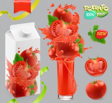 Domates sebzesi. Bir tutam meyve suyu. 3d gerçekçi vektör, paket tasarımı seti