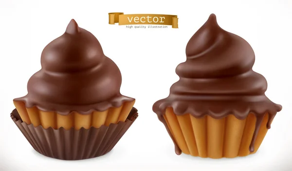 Cupcake coklat, kue peri. Ikon vektor realistik 3d - Stok Vektor