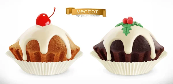 Chocolade christmas cupcake, fairy cake met kersen. 3D-realistische vector-pictogram — Stockvector