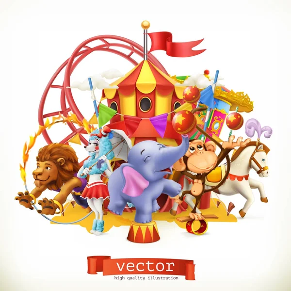 Zirkus, lustige Tiere. Elefant, Affe, Löwe, Pferd. 3D-Vektor — Stockvektor