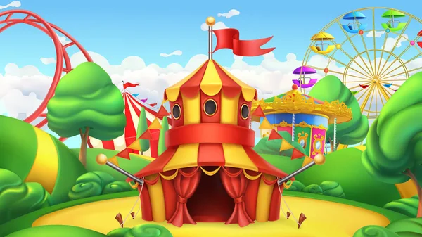 Une tente de cirque. Parc d'attractions. Paysage vectoriel 3d — Image vectorielle